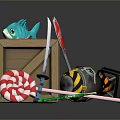 Colorful Weapon Collection With Sword Lollipop Stick Stop Sign And Bomb In Wooden Crate