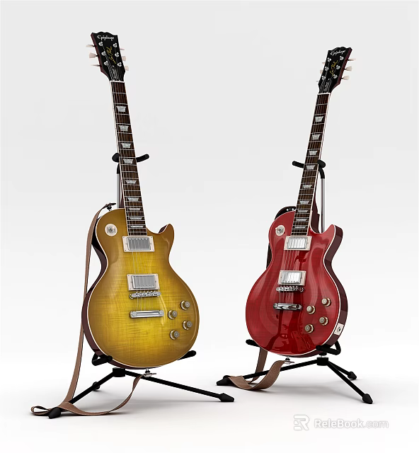 Colorful Musical Instruments Two Acoustic Guitars Yellow And Red Placed On Stands With Classic Design 3d model 