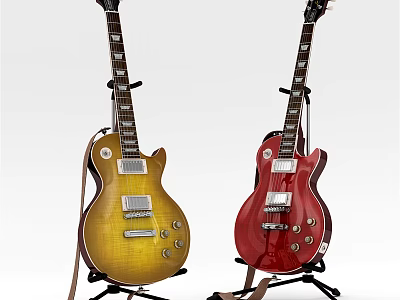 Colorful Musical Instruments Two Acoustic Guitars Yellow And Red Placed On Stands With Classic Design 3d model