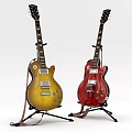 Colorful Musical Instruments Two Acoustic Guitars Yellow And Red Placed On Stands With Classic Design