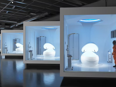 Modern Exhibition Display Spaces With White Installations Blue Lighting And Orange Clothed Person 3d model