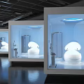 Modern Exhibition Display Spaces With White Installations Blue Lighting And Orange Clothed Person
