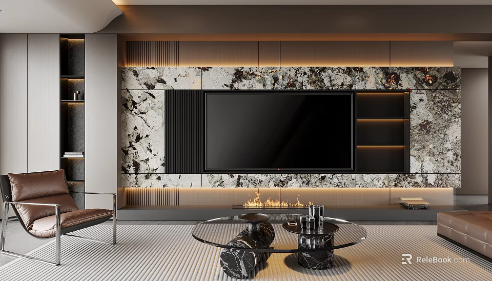 Modern Living Room With TV Wall Marble Texture Fireplace And Round Glass Coffee Table 3d model 