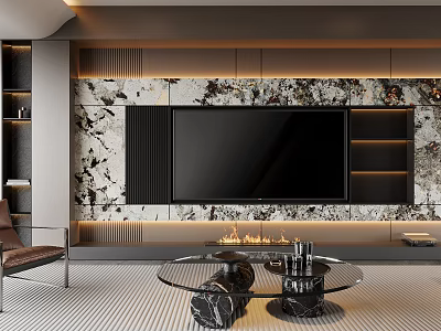 Modern Living Room With TV Wall Marble Texture Fireplace And Round Glass Coffee Table 3d model