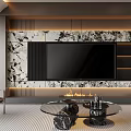 Modern Living Room With TV Wall Marble Texture Fireplace And Round Glass Coffee Table