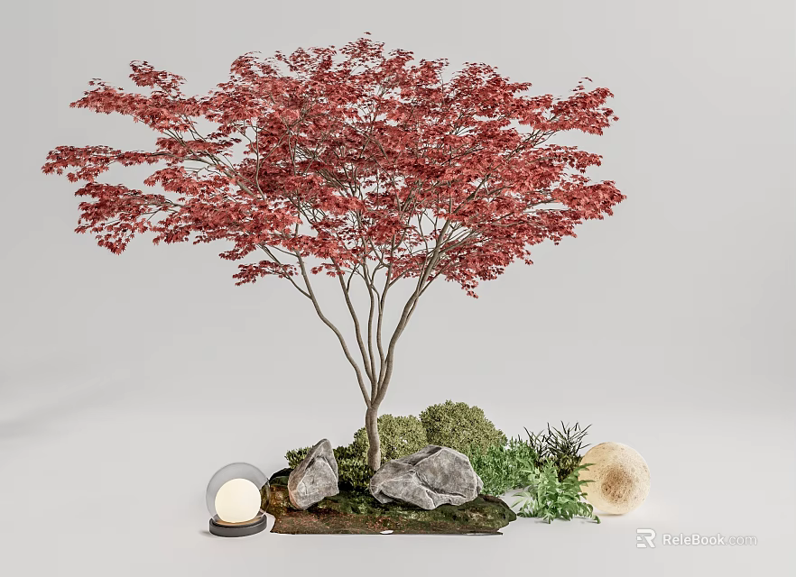 Garden Ornament With Red Leaf Tree Surrounding Stones Green Foliage Round Lantern And Mushroom Decor 3d model 