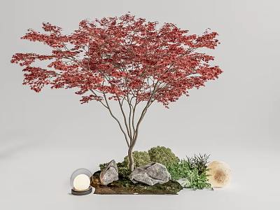 Garden Ornament With Red Leaf Tree Surrounding Stones Green Foliage Round Lantern And Mushroom Decor 3d model