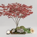 Garden Ornament With Red Leaf Tree Surrounding Stones Green Foliage Round Lantern And Mushroom Decor