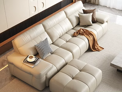 Modern Beige Leather L Shaped Sofa and Coffee Table Set with Cushions and Throw Blanket 3d model