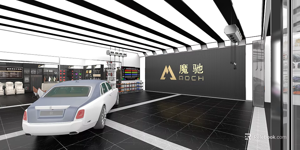 4S Car Dealership Showroom With Luxury Car And Branding Wall 3d model 