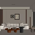 Modern Living Room Interior With White Sofa Wooden Coffee Table Potted Plant And Framed Artworks