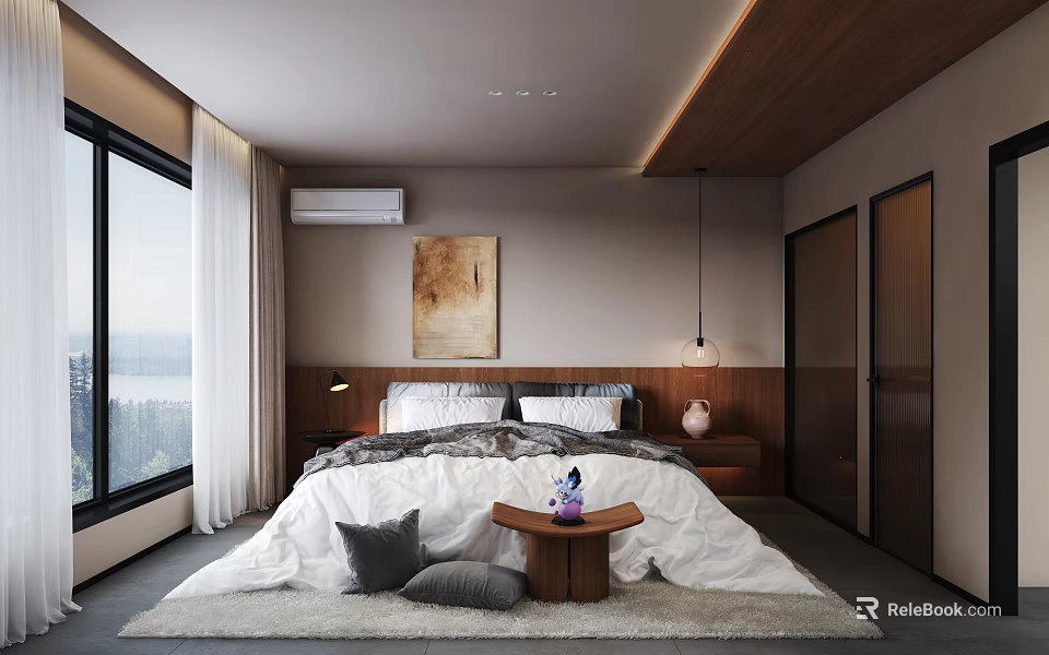 Modern Hotel Guest Room With White Bedding Wooden Headboard Artwork And Floor to Ceiling Windows 3d model 