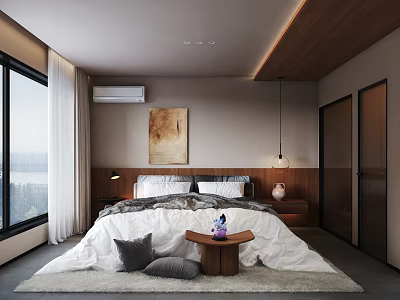 Modern Hotel Guest Room With White Bedding Wooden Headboard Artwork And Floor to Ceiling Windows 3d model