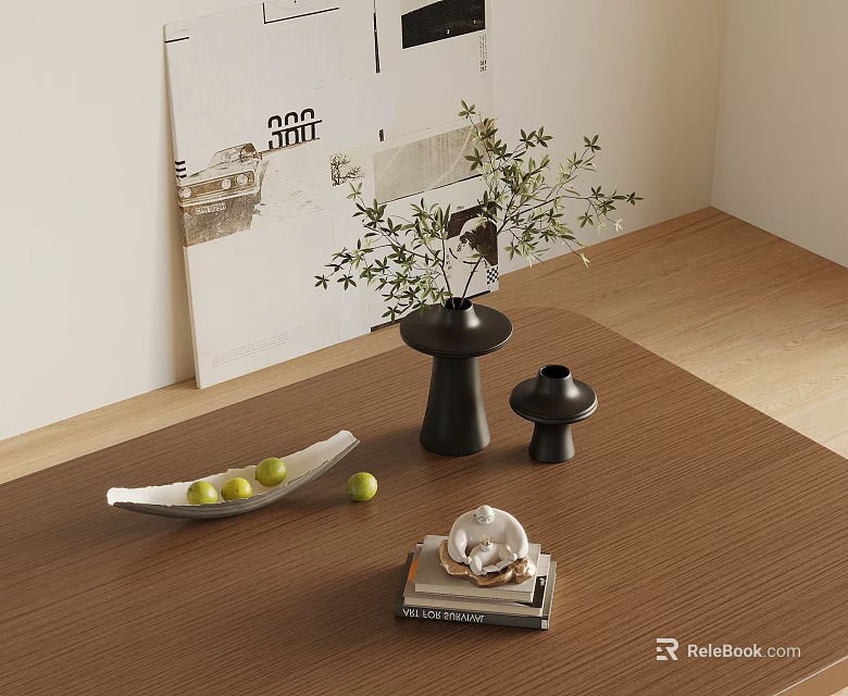 Minimalist Modern Decorative Ornament Set With Black Vases Green Plants And Shell On Wooden Table 3d model 