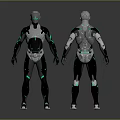 Detailed 3D Robot Character Models With Front And Back Views Black Silver Armor Blue Glowing Lines