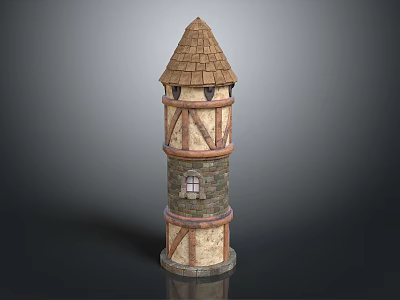 Medieval Style Tower With Conical Roof Stone Walls Wooden Frames And Small Windows 3d model