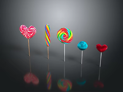 Vibrant Colorful Lollipops Featuring Heart Spiral Striped And Round Designs On Black Reflective Surface 3d model