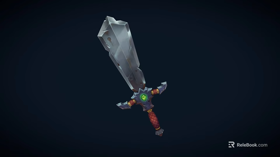 Unique Metallic Sword With Decorative Hilt Green Glowing Element And Red Wrapped Handle 3d model 