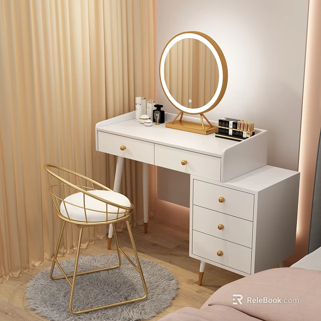 Elegant White Dressing Table With Gold Frame Round Mirror And Cosmetics On Top 3d model 