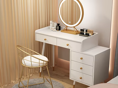 Elegant White Dressing Table With Gold Frame Round Mirror And Cosmetics On Top 3d model