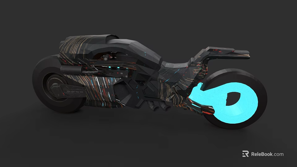 Futuristic Motorcycle With Sleek Body Neon Blue Wheel And Striped Cyberpunk Design 3d model 