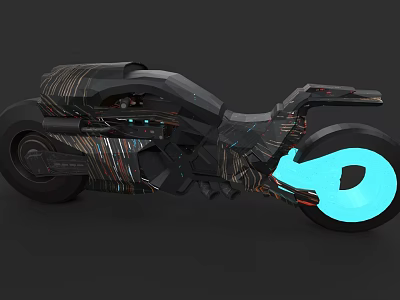 Futuristic Motorcycle With Sleek Body Neon Blue Wheel And Striped Cyberpunk Design 3d model