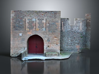 Ancient Stone Building Structure Featuring Red Arched Door And Tower Elements 3d model
