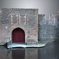 Ancient Stone Building Structure Featuring Red Arched Door And Tower Elements 3d model