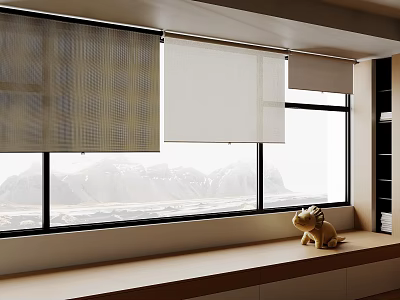 Different Style Window Blinds On Multiple Windows With Mountain View And Natural Light Indoor 3d model