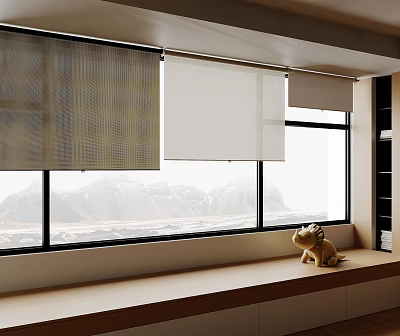 Different Style Window Blinds On Multiple Windows With Mountain View And Natural Light Indoor 3d model