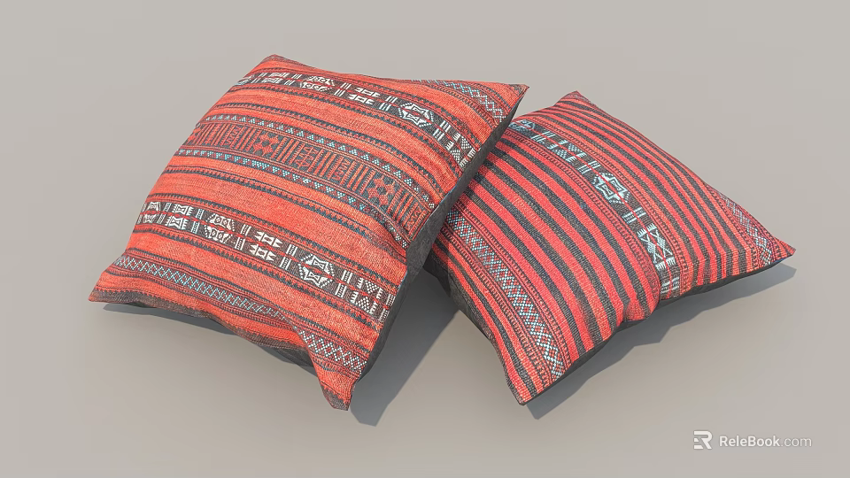 Red And Black Decorative Pillows Featuring Geometric Patterns And Striped Details 3d model 