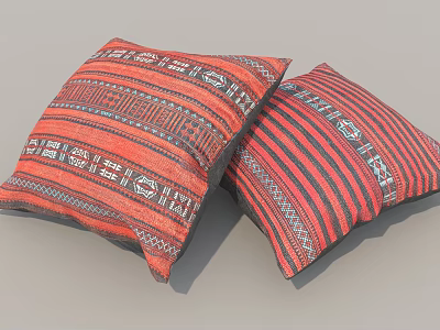 Red And Black Decorative Pillows Featuring Geometric Patterns And Striped Details 3d model
