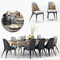 Modern Dining Table Set With Gray Chairs Golden Details And Tableware Decorations 3d model