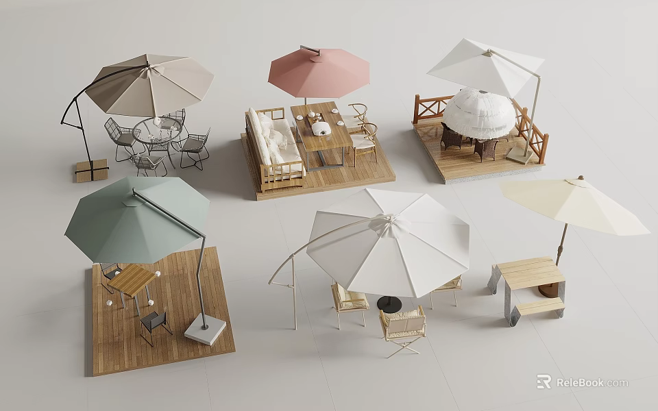 Outdoor Garden Table and Chair Combination with Various Colored Umbrellas and Wooden Deck 3d model 