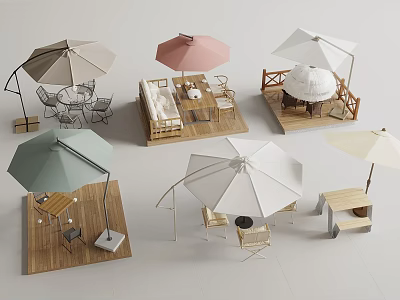 Outdoor Garden Table and Chair Combination with Various Colored Umbrellas and Wooden Deck 3d model