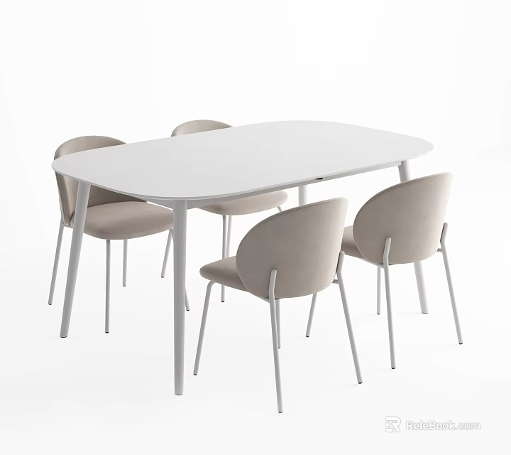 Modern Minimalist White Oval Dining Table Set With Four Light Gray Upholstered Chairs 3d model