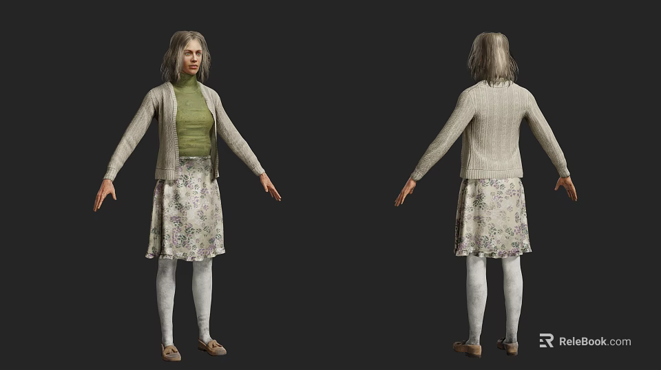 Woman 3D Model Front Back Green Top Beige Cardigan Floral Skirt White Tights Brown Shoes 3d model 
