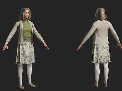 Woman 3D Model Front Back Green Top Beige Cardigan Floral Skirt White Tights Brown Shoes 3d model