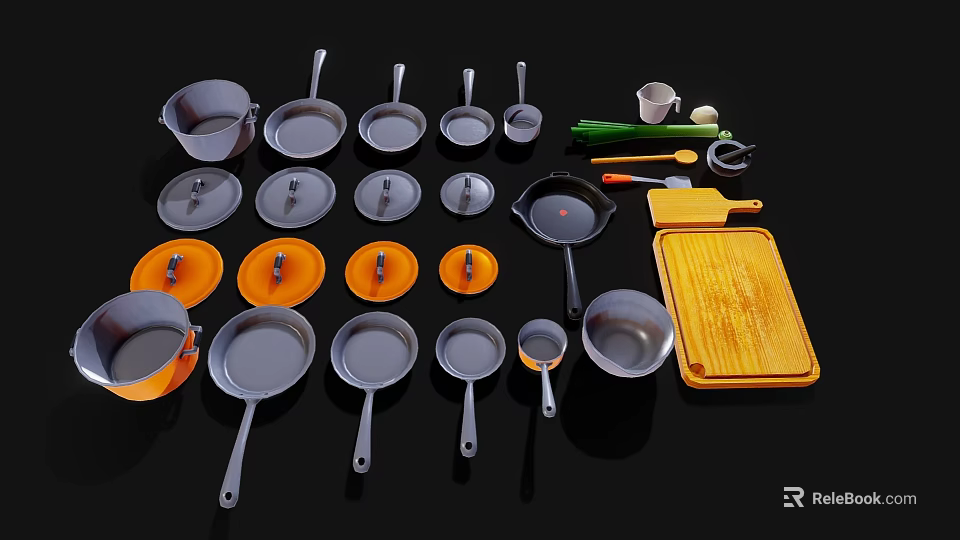 Industrial Kitchen Equipment Set With Pots Pans Lids Cutting Board And Utensils 3d model 