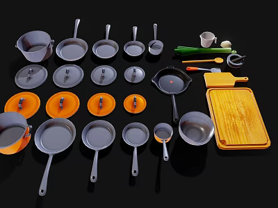 Industrial Kitchen Equipment Set With Pots Pans Lids Cutting Board And Utensils 3d model