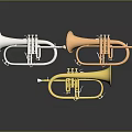 Shiny Silver Copper and Gold Trumpets Displayed on Dark Background with Reflections