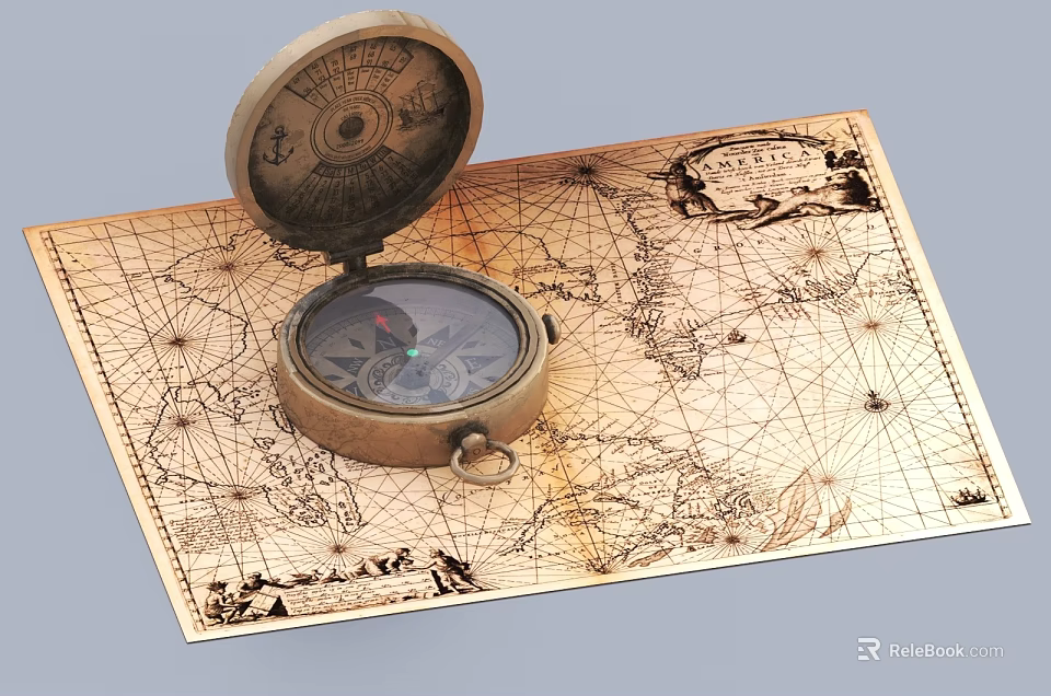 Vintage Wall Decor with Antique Map and Open Compass Design 3d model