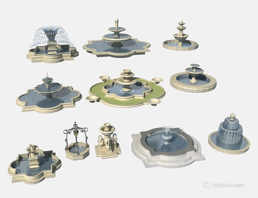 Multiple Decorative Garden Ornaments Featuring Different Fountain Styles And Shapes 3d model 