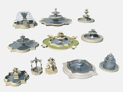Multiple Decorative Garden Ornaments Featuring Different Fountain Styles And Shapes 3d model