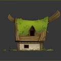Cartoon Scene Featuring A Small Wooden House With Green Mossy Roof And Grass
