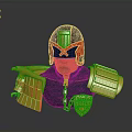 Cartoon Armored Character with Red Black Helmet Blue Clothing Golden Armor and Shield