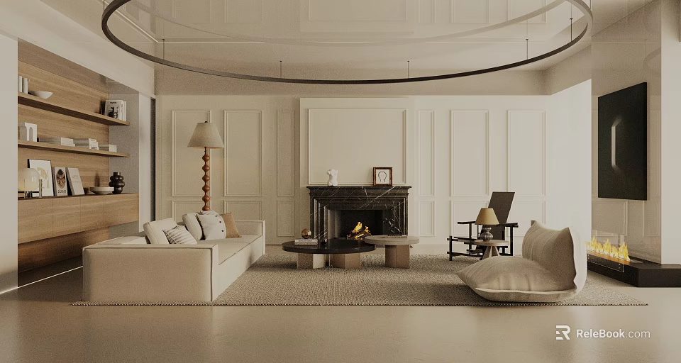 Modern Living And Dining Room Interior With Fireplace And Sofa 3d model 