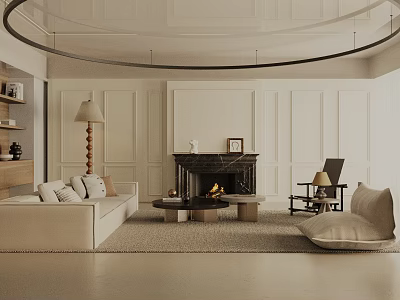 Modern Living And Dining Room Interior With Fireplace And Sofa 3d model