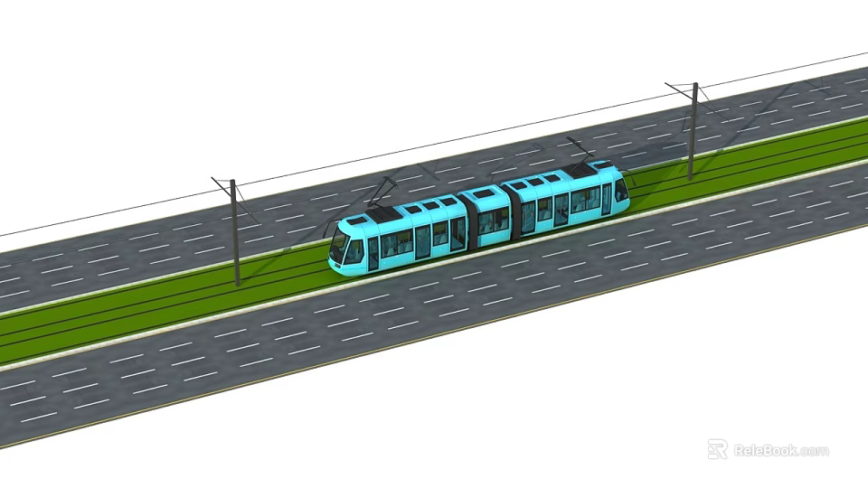 Blue Tram Moving on Tracked Road with Grass and Utility Poles Alongside 3d model 