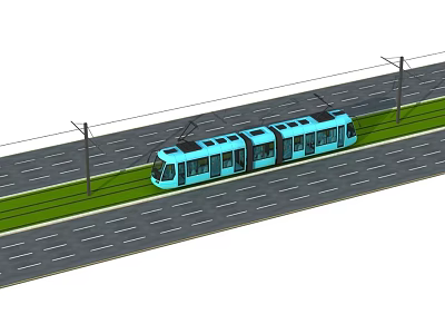 Blue Tram Moving on Tracked Road with Grass and Utility Poles Alongside 3d model